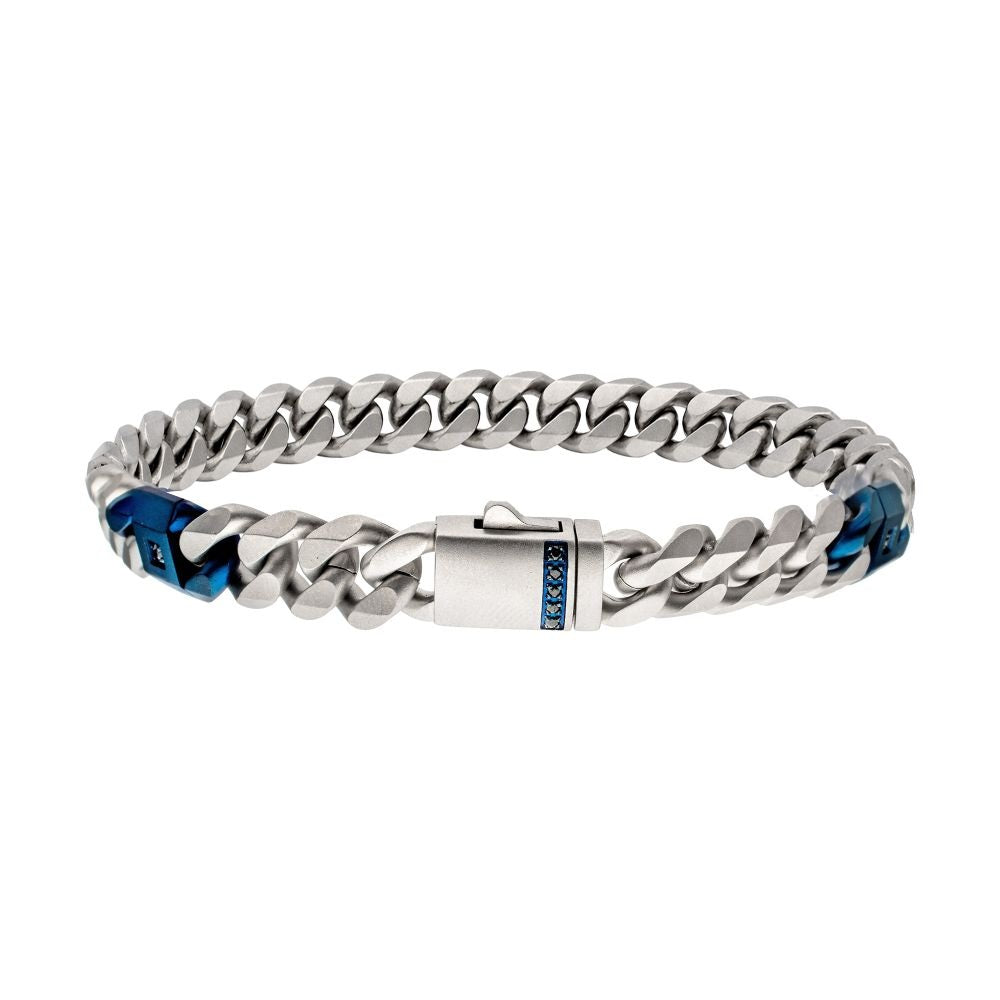 Stainless Steel Cuban Link Bracelet with Black Sapphires 8 Inch