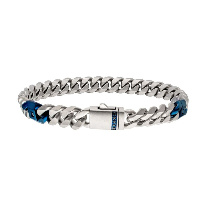Ocean Steed Stainless Steel Cuban Link Bracelet | Ocean Steed | Stainless Steel | Black Sapphire Accents | 8 Inch Length | Blue IP Beveled Links - Brownee Jewelers