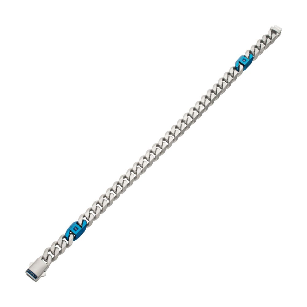 Stainless Steel Cuban Link Bracelet with Black Sapphires 8 Inch