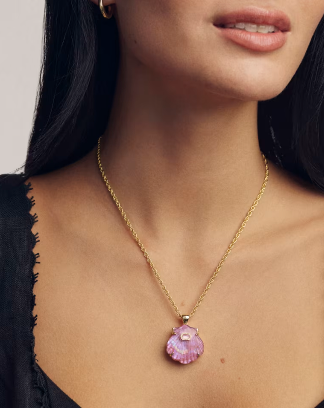 Lucia Shell Gold Short Pendant Necklace | Gold-Plated Brass | Light Mauve Illusion Shell | Adjustable Statement Pendant - Brownee Jewelers