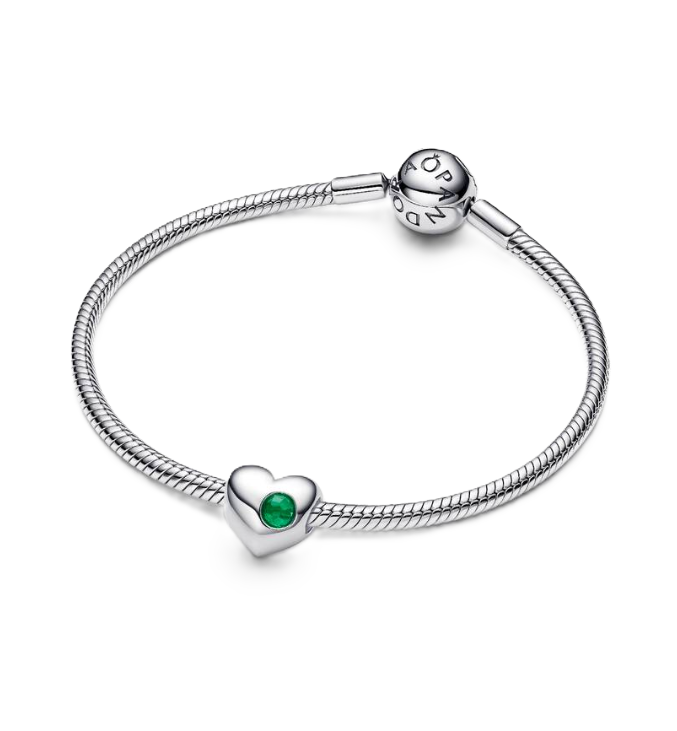 Pandora May Birthstone Heart Charm in Sterling Silver with Green Man-Made Crystal
