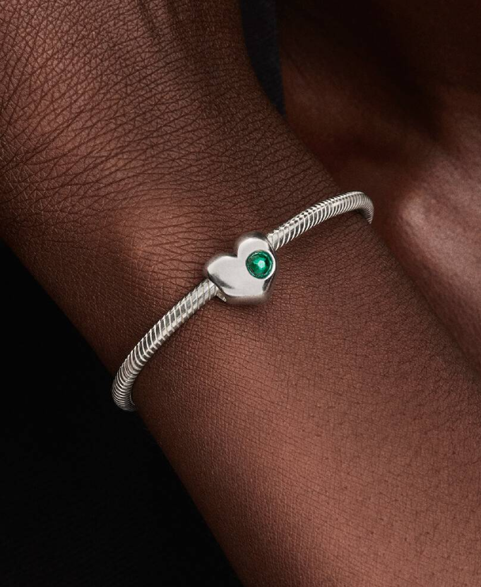 Pandora May Birthstone Heart Charm in Sterling Silver with Green Man-Made Crystal