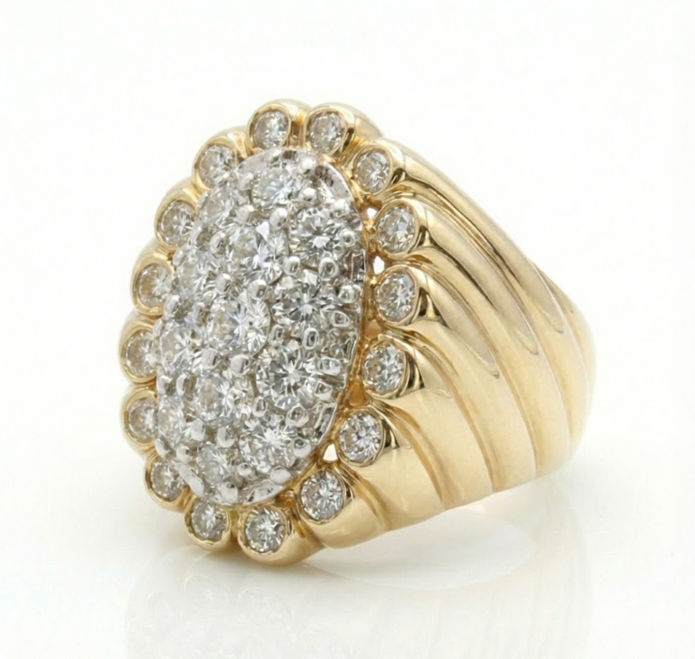 Round Diamond Cluster Ribbed Ring | 14K Yellow Gold | Diamond Halo Statement Ring | Vintage-Inspired Design - Brownee Jewelers