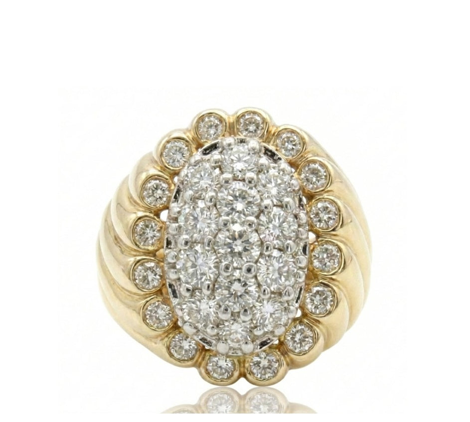 Round Diamond Cluster Ribbed Ring | 14K Yellow Gold | Diamond Halo Statement Ring | Vintage-Inspired Design - Brownee Jewelers