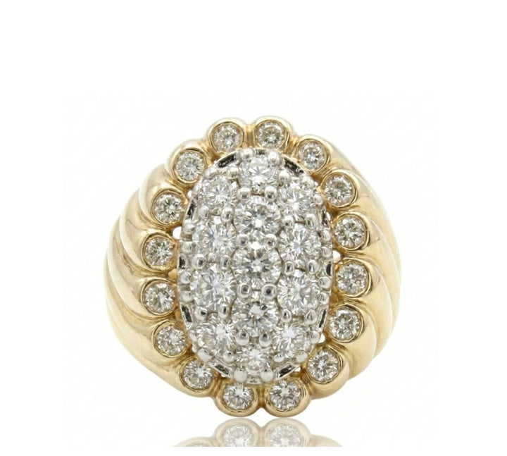 Round Diamond Cluster Ribbed Ring | 14K Yellow Gold | Diamond Halo Statement Ring | Vintage-Inspired Design - Brownee Jewelers