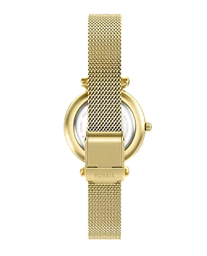 Carlie Mini Three-Hand Watch | Fossil | Gold-Tone Stainless Steel | Mother-of-Pearl Dial | Mesh Bracelet - Brownee Jewelers