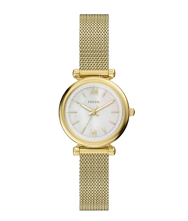 Carlie Mini Three-Hand Watch | Fossil | Gold-Tone Stainless Steel | Mother-of-Pearl Dial | Mesh Bracelet - Brownee Jewelers