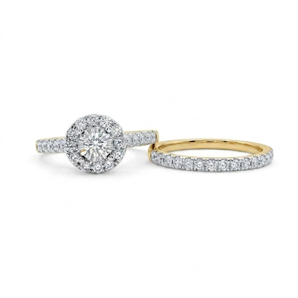 Round Diamond Halo Bridal Set | 10K Yellow Gold | Pavé Diamond Engagement Ring Set | 1.00 CTW - Brownee Jewelers