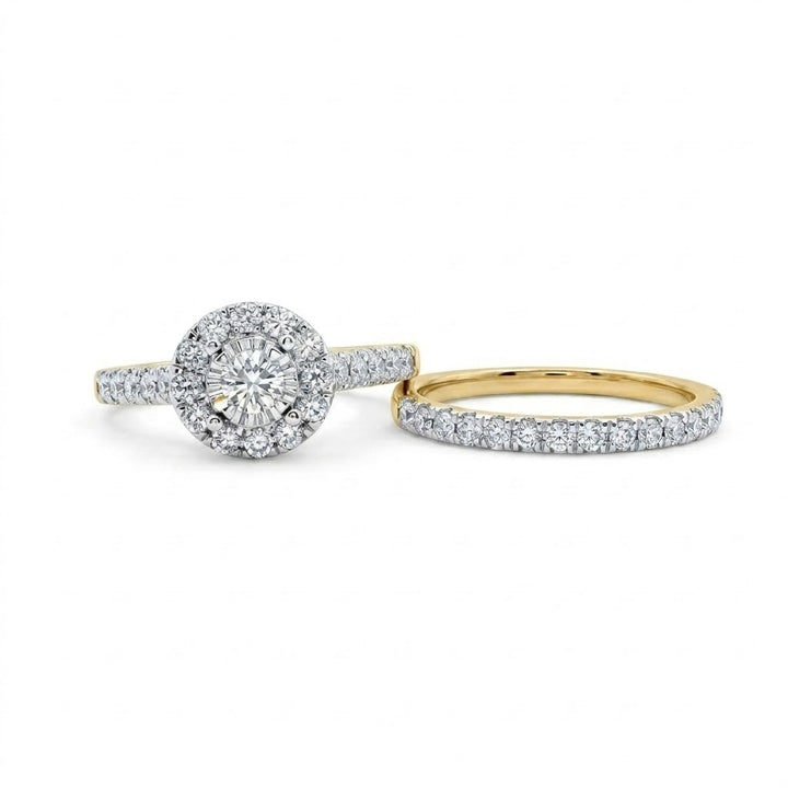 Round Diamond Halo Bridal Set | 10K Yellow Gold | Pavé Diamond Engagement Ring Set | 1.00 CTW - Brownee Jewelers