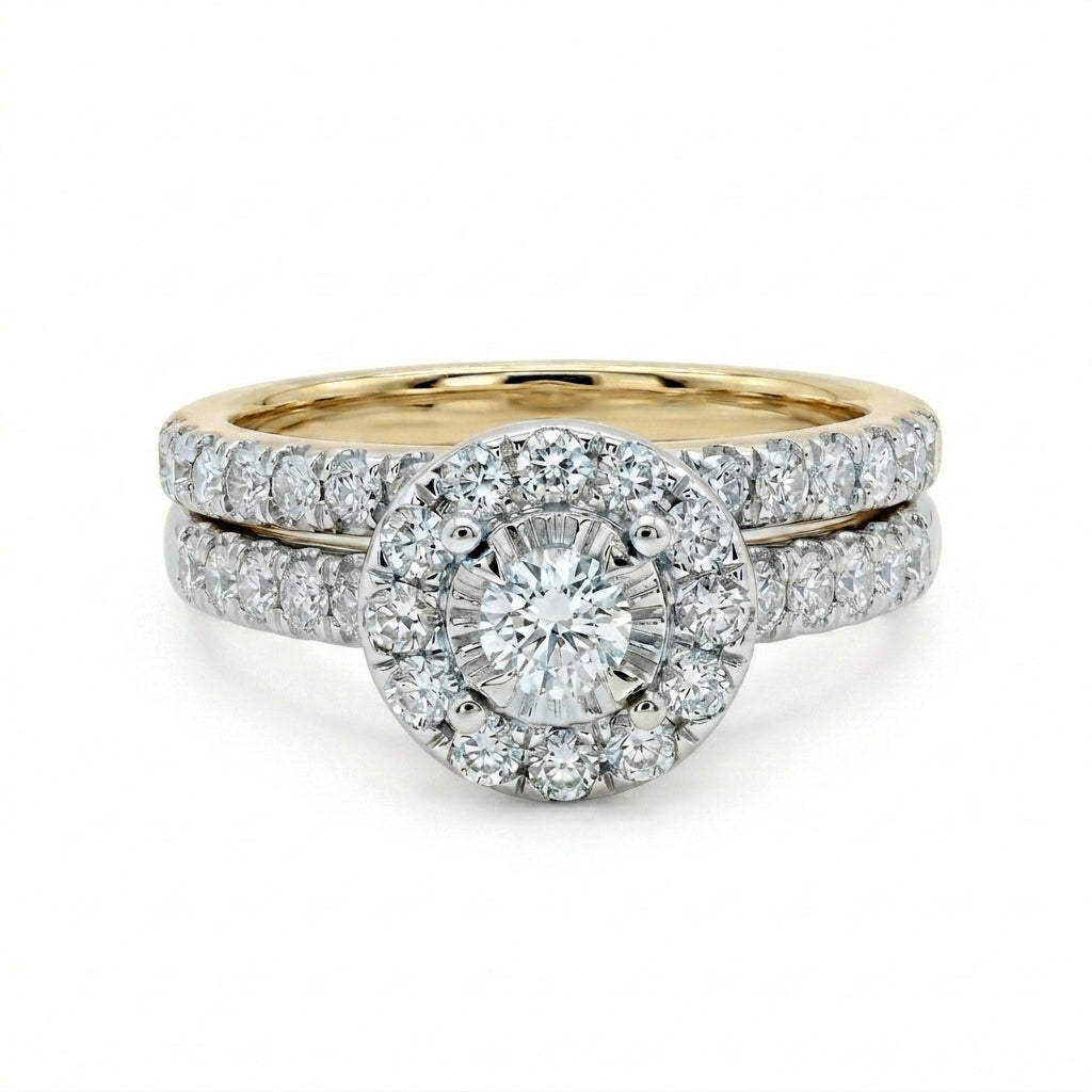 Round Diamond Halo Bridal Set | 10K Yellow Gold | Pavé Diamond Engagement Ring Set | 1.00 CTW - Brownee Jewelers