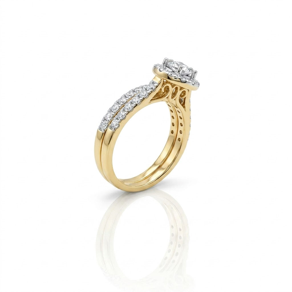Round Diamond Halo Bridal Set | 10K Yellow Gold | Pavé Diamond Engagement Ring Set | 1.00 CTW - Brownee Jewelers