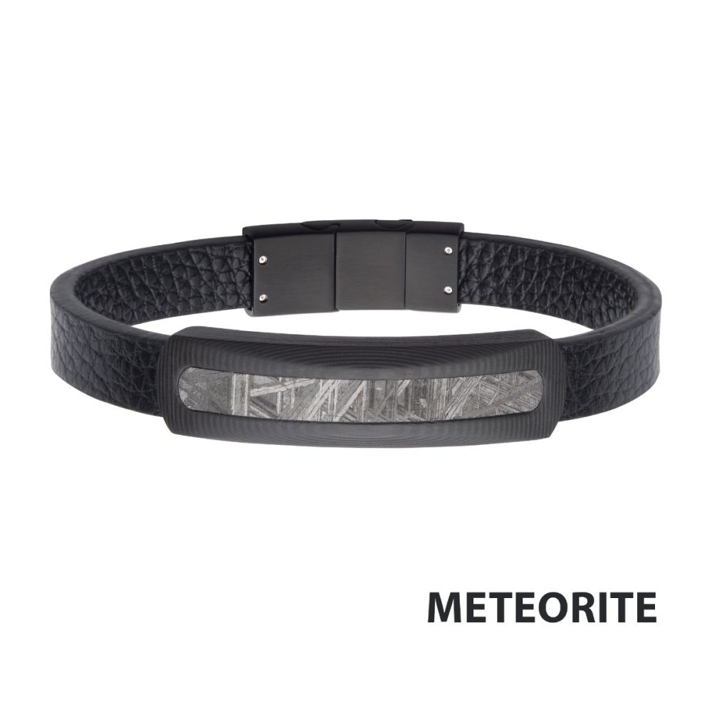 Carbon Fiber Meteorite Inlay Black Leather Bracelet