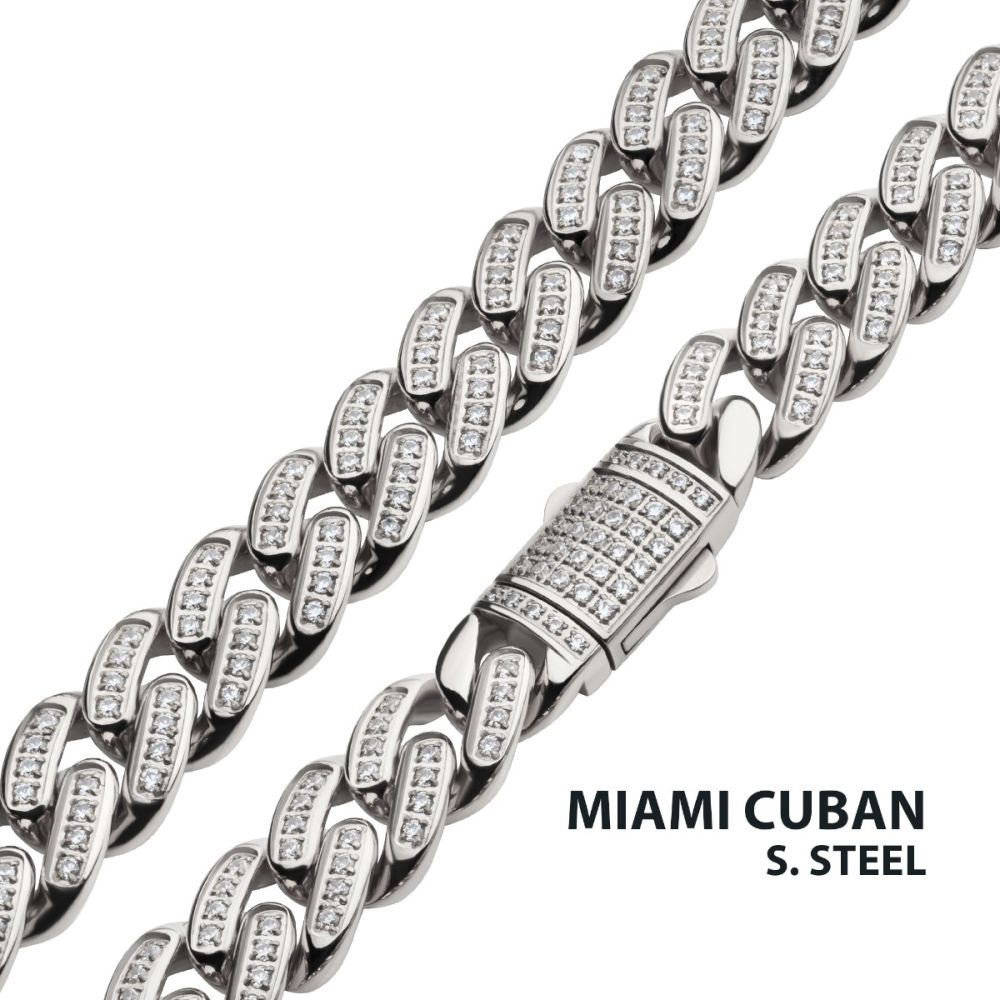 22 Inch Stainless Steel Miami Cuban Curb Chain Necklace with Pavé Cubic Zirconia Box Clasp and Links