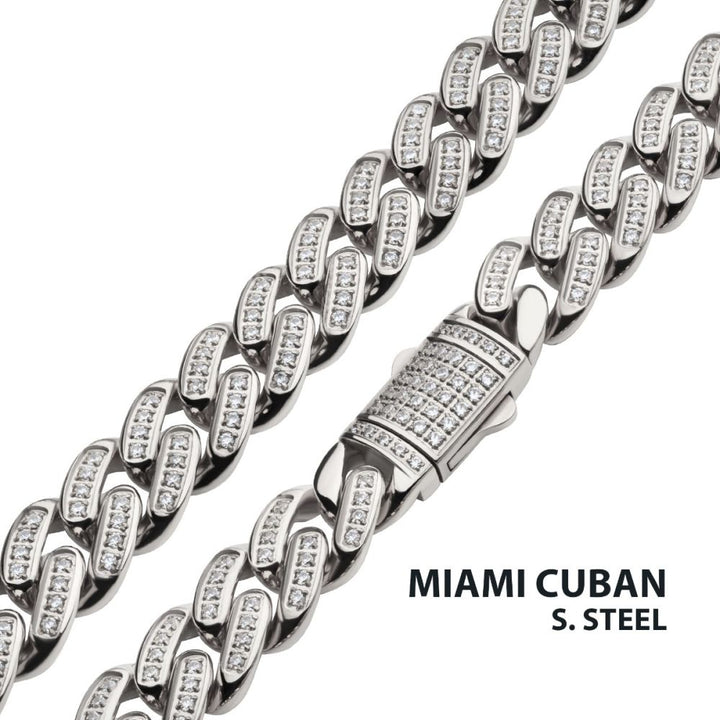 Miami Cuban Curb Chain Necklace | Stainless Steel | 22 Inch | Cubic Zirconia | NSTC2512-22 - Brownee Jewelers
