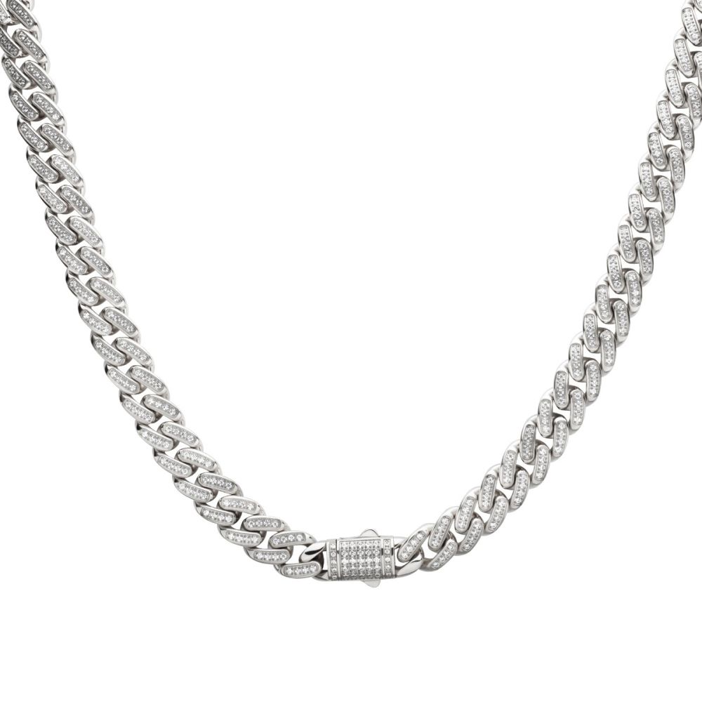 22 Inch Stainless Steel Miami Cuban Curb Chain Necklace with Pavé Cubic Zirconia Box Clasp and Links