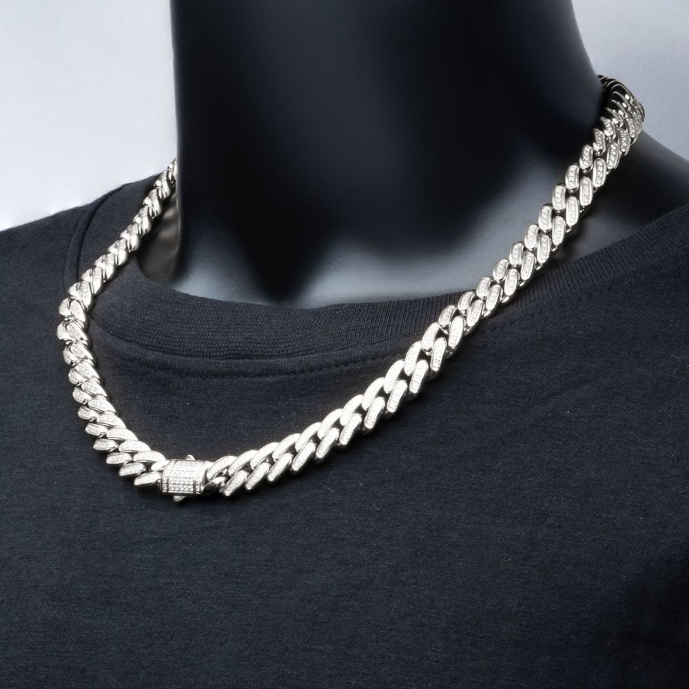 22 Inch Stainless Steel Miami Cuban Curb Chain Necklace with Pavé Cubic Zirconia Box Clasp and Links