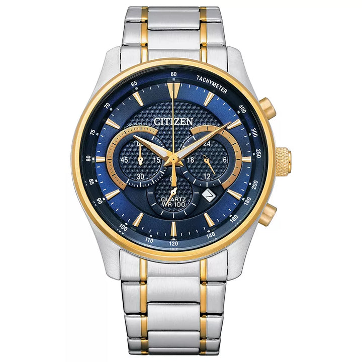Citizen Two-Tone Stainless Steel Chronograph Watch | Stainless Steel & Gold-Tone | Blue Dial | Quartz WR100 | AN8194-51L - Brownee Jewelers