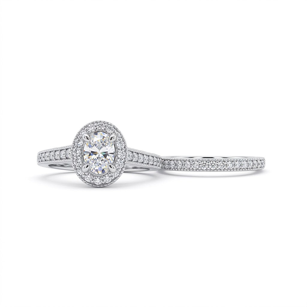 .65 Carat Oval Center Diamond with Diamond Halo Bridal Ring Set with Milgrain Detailing in 14K White Gold