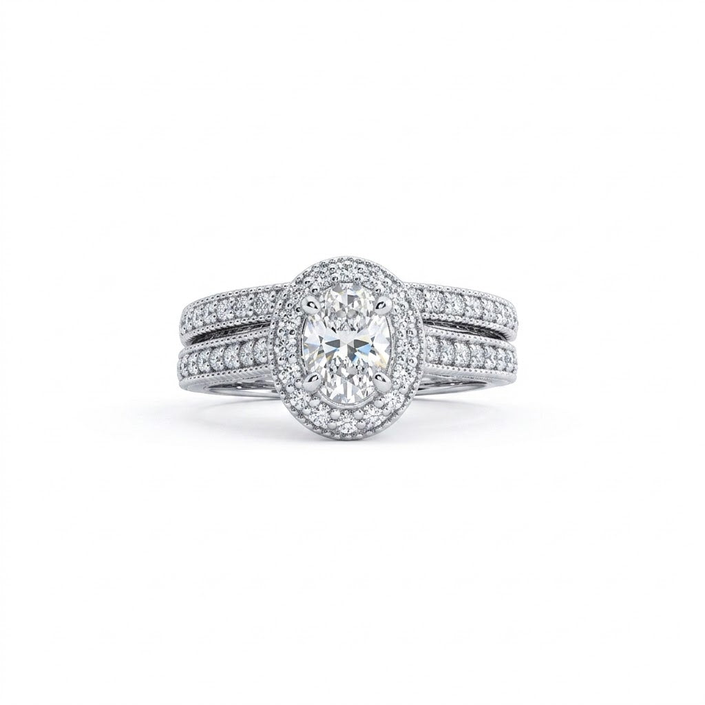 .65 Carat Oval Center Diamond with Diamond Halo Bridal Ring Set with Milgrain Detailing in 14K White Gold