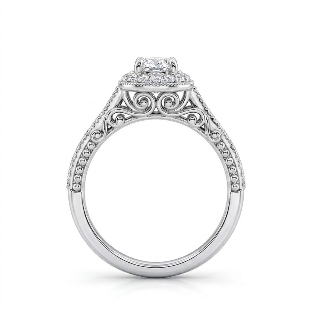 .65 Carat Oval Center Diamond with Diamond Halo Bridal Ring Set with Milgrain Detailing in 14K White Gold