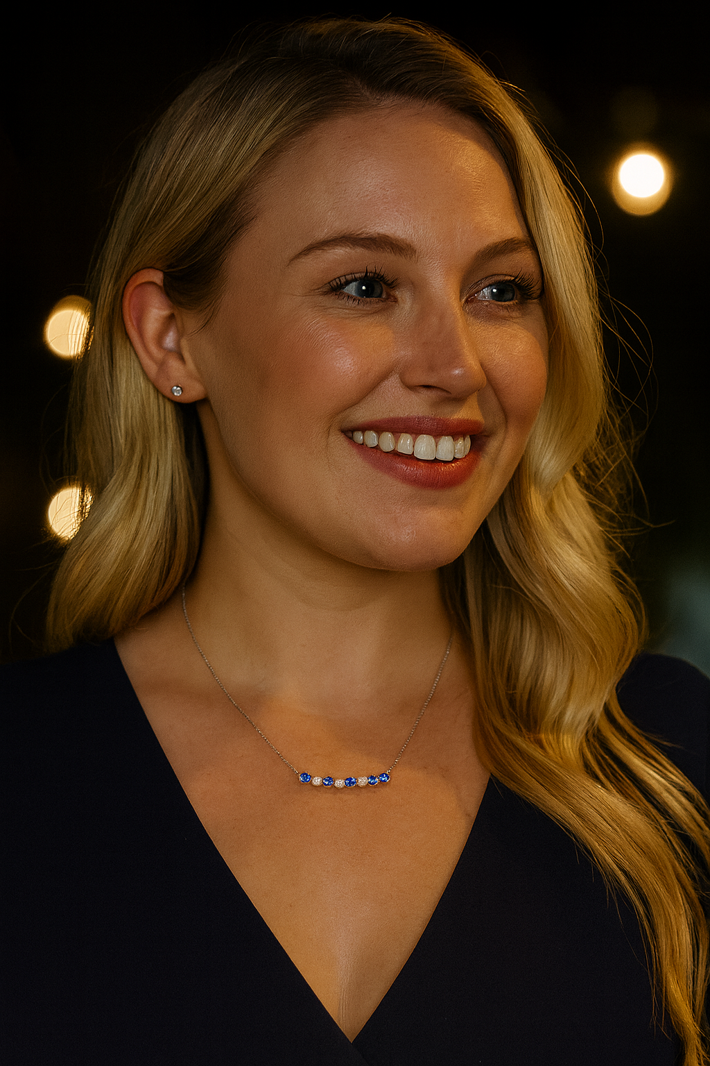 14KT White Gold Diamond & Blue Sapphire Bar Necklace – .66 CTW