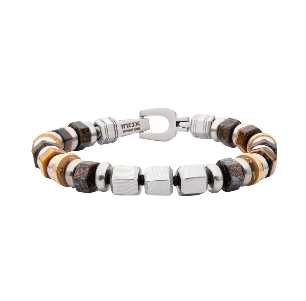 Mokume Gane Tiger Eye and Bronzite Bead Bracelet 8mm