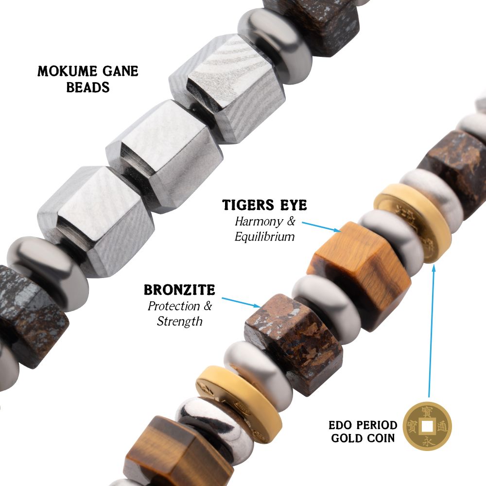 Mokume Gane Tiger Eye and Bronzite Bead Bracelet 8mm
