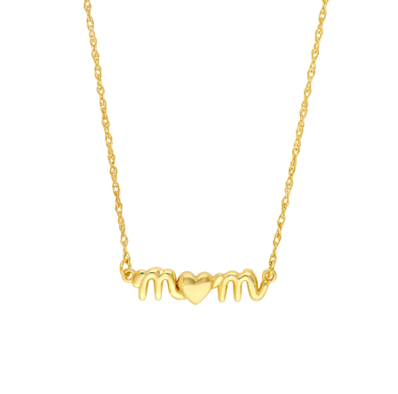 “Mom” Heart Script Necklace | 14K Yellow Gold | Pendant - Brownee Jewelers