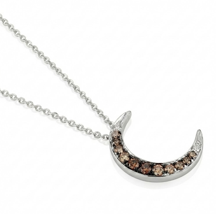Diamond Crescent Pendant, Round | 14K White Gold | 0.10 ctw | Moon Necklace - Brownee Jewelers
