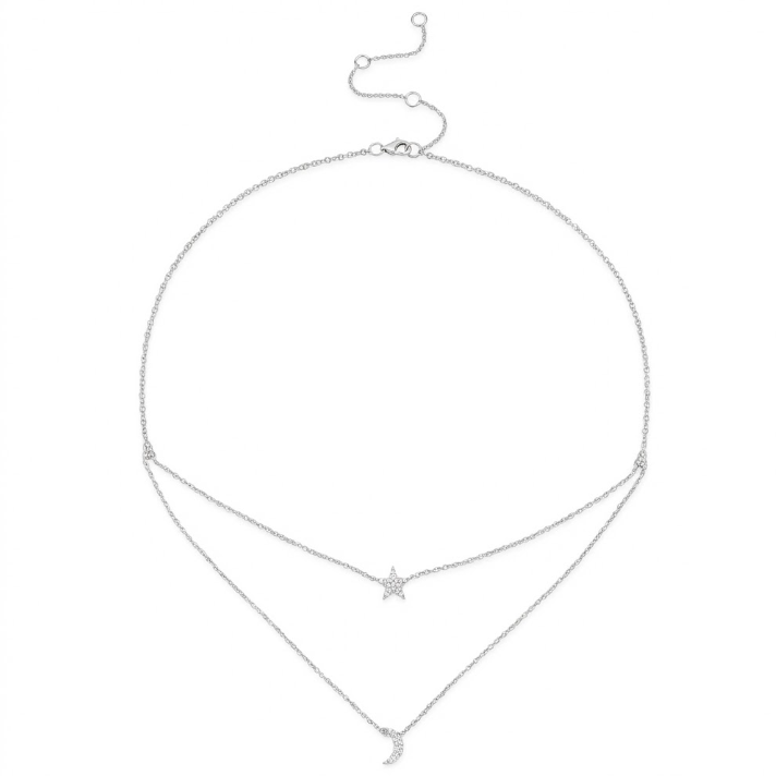 Diamond Pavé Moon & Star Necklace | 14K White Gold | Celestial Layered Pendant - Brownee Jewelers