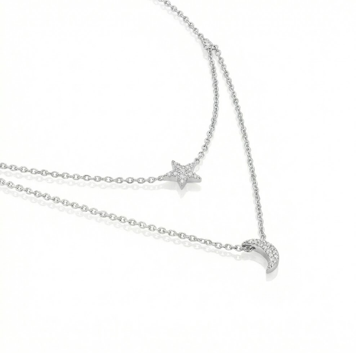 DIAMOND PAVE MOON & STAR PENDANT NECKLACE IN 14K WHITE GOLD
