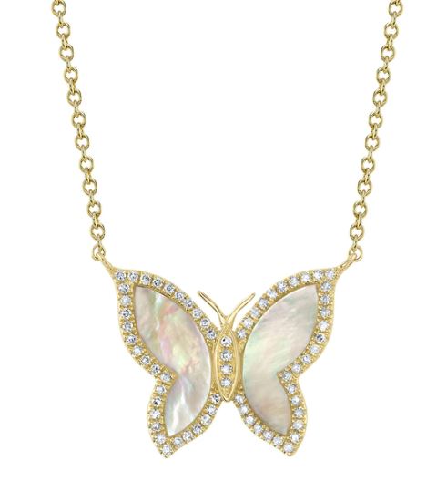 .15 TOTAL CARAT WEIGHT DIAMOND AND MOTHER OF PEARL BUTTERFLY NECKLACE IN 14K YELLOW GOLD