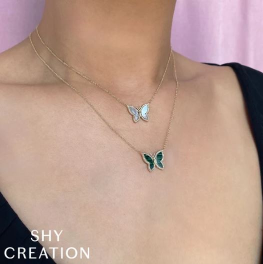 .15 TOTAL CARAT WEIGHT DIAMOND AND MOTHER OF PEARL BUTTERFLY NECKLACE IN 14K YELLOW GOLD