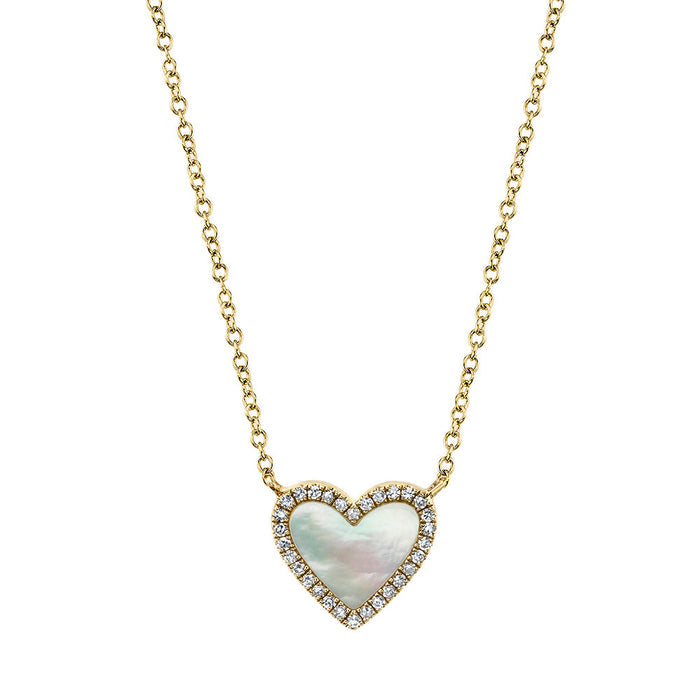 0.09 TOTAL CARAT WEIGHT DIAMOND & 0.56 TOTAL CARAT WEIGHT MOTHER OF PEARL HEART NECKLACE IN 14K YELLOW GOLD