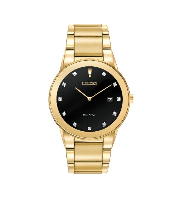 CITIZEN AXIOM | MEN' ECO-DRIVE WATCH | GOLD-TONE STAINLESS STEEL | BLACK DIAL | AU1062-56G - Brownee Jewelers