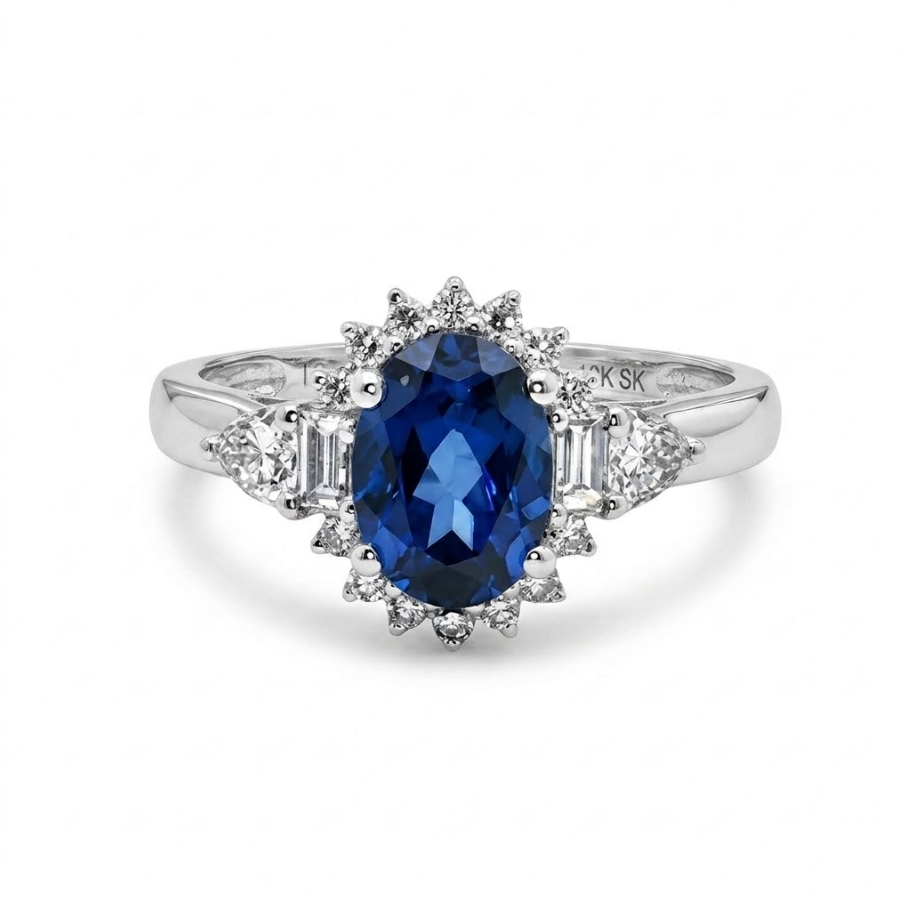 Oval Sapphire & Lab-Grown Diamond Halo Ring | 1.50 ct Sapphire | 0.40 ctw Diamonds | 10K White Gold - Brownee Jewelers