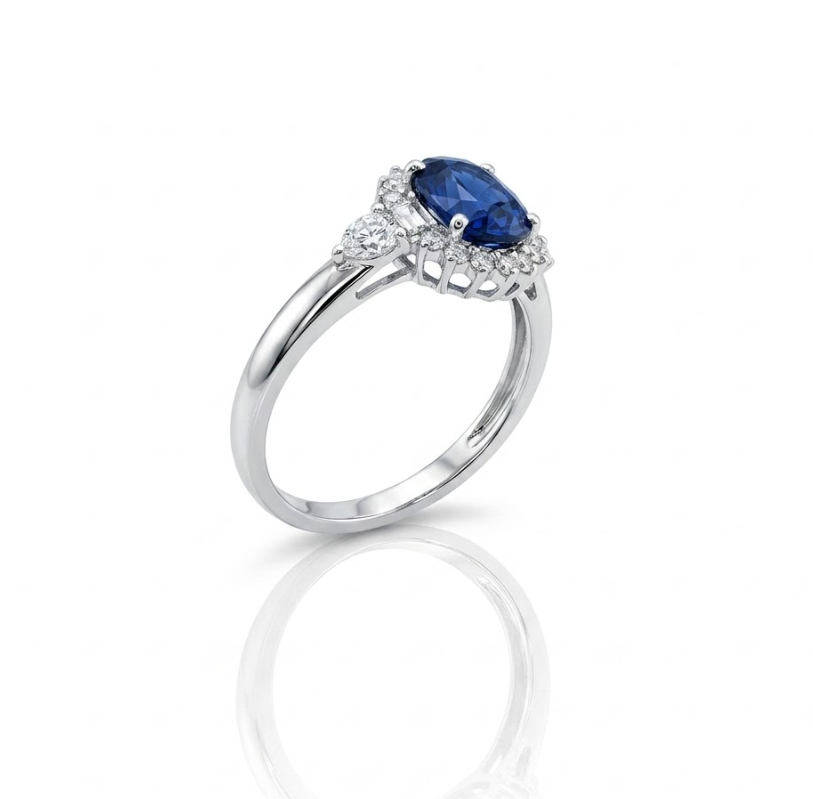 Oval Sapphire & Lab-Grown Diamond Halo Ring | 1.50 ct Sapphire | 0.40 ctw Diamonds | 10K White Gold - Brownee Jewelers
