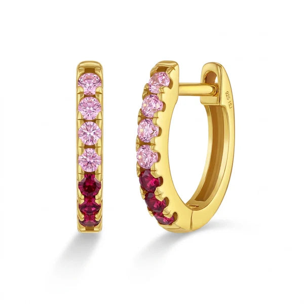 Kids 9mm Sterling Silver and 14K Yellow Gold Pink CZ Gradient Huggie Earrings