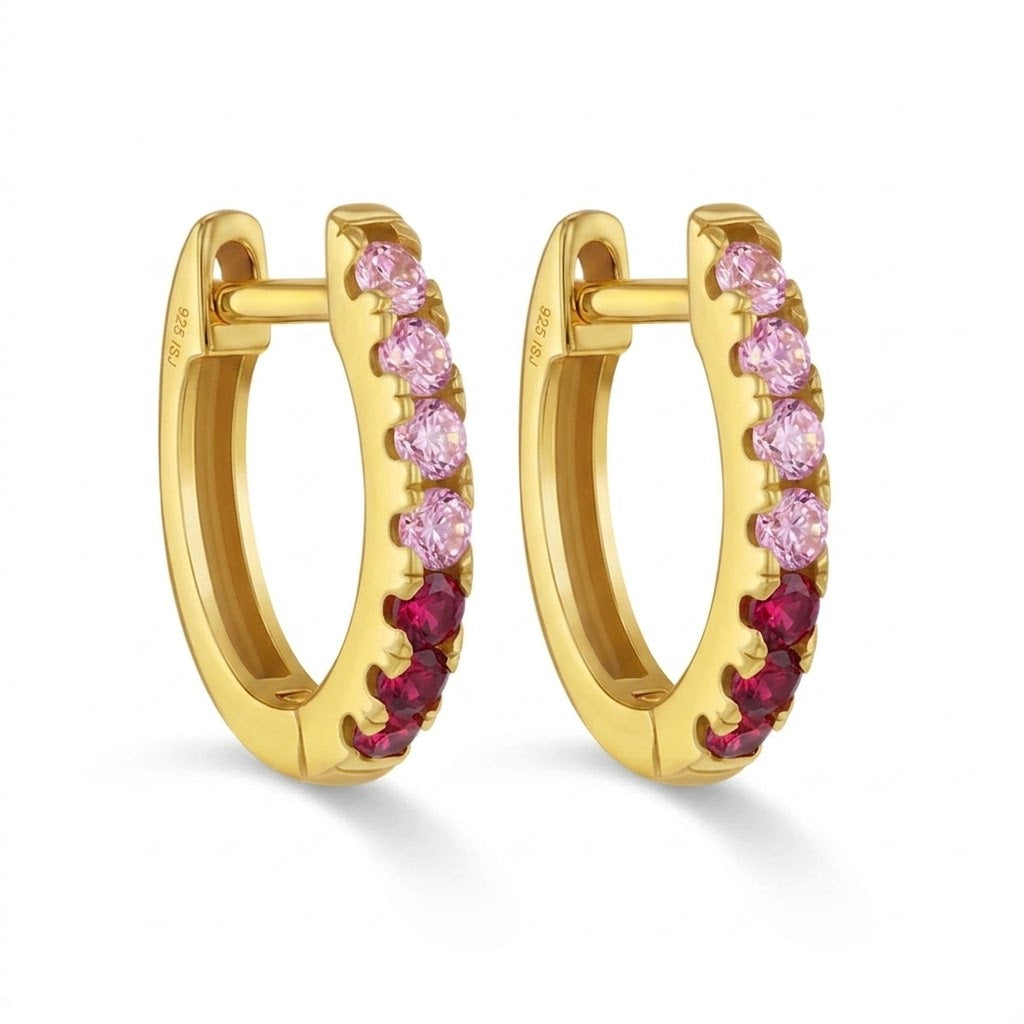 Kids 9mm Sterling Silver and 14K Yellow Gold Pink CZ Gradient Huggie Earrings