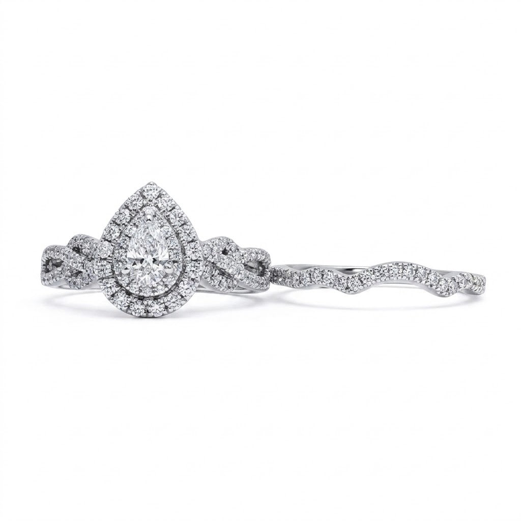.28 CT Pear Center Diamond with Double Diamond Halo Bridal Ring Set in 14K White Gold