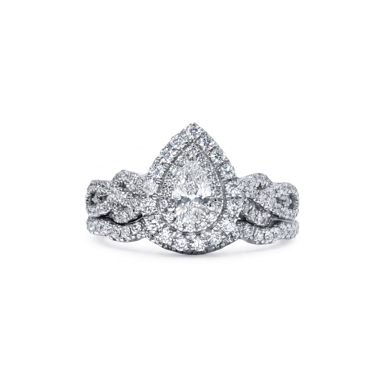 .28 CT Pear Center Diamond with Double Diamond Halo Bridal Ring Set in 14K White Gold