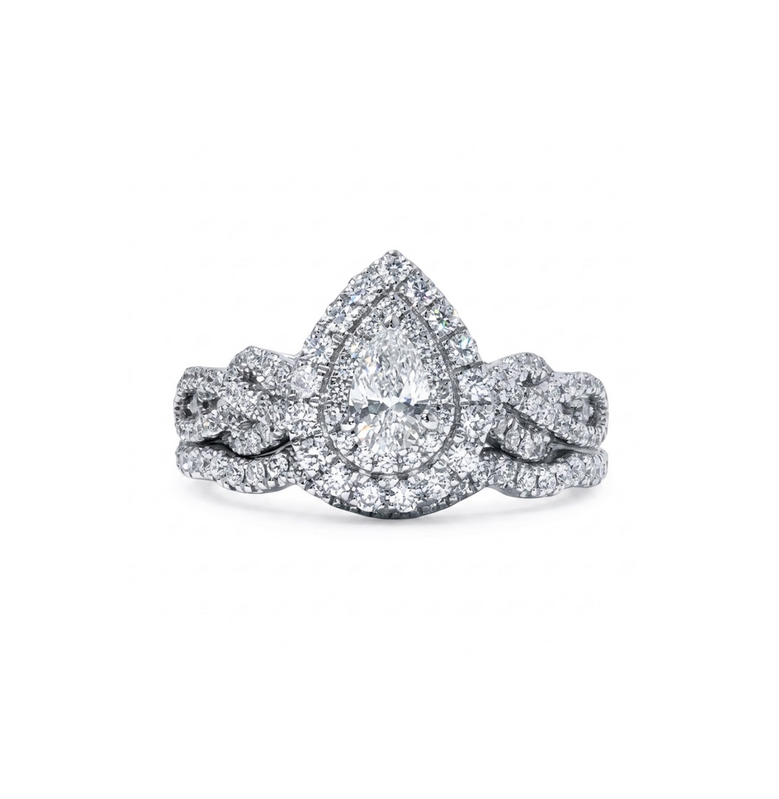 .28 CT Pear Center Diamond with Double Diamond Halo Bridal Ring Set in 14K White Gold