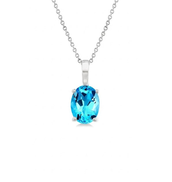 Oval Blue Topaz Pendant | 14K White Gold | 8×6 mm | - Brownee Jewelers
