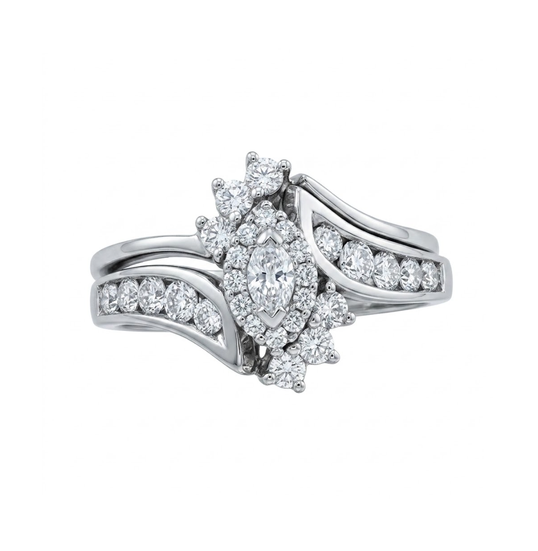 Tiny Center Marquise Diamond Halo Bridal Set with Round Diamond Accents and Curved Diamond Bands all in 14K White Gold
