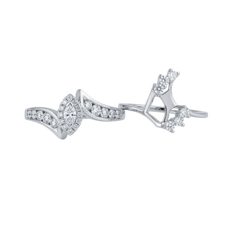 Tiny Center Marquise Diamond Halo Bridal Set with Round Diamond Accents and Curved Diamond Bands all in 14K White Gold