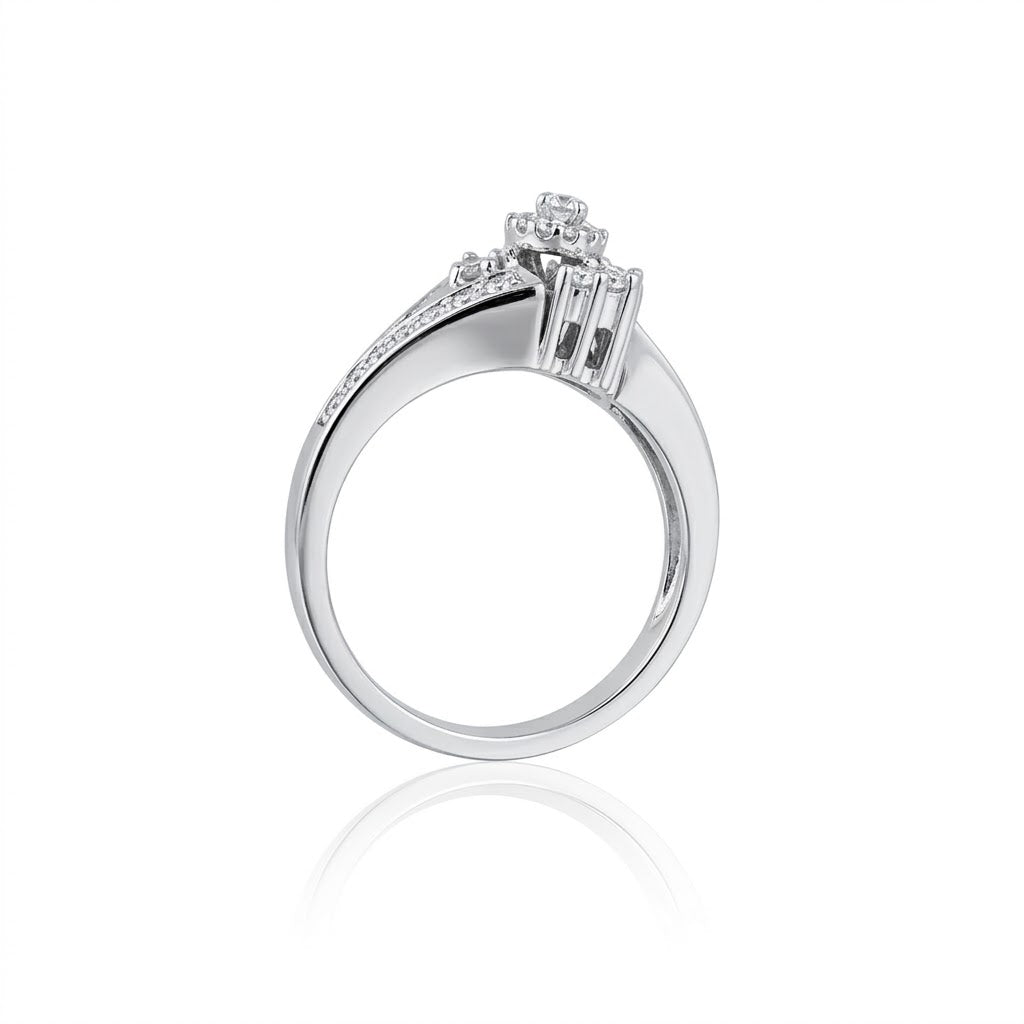 Tiny Center Marquise Diamond Halo Bridal Set with Round Diamond Accents and Curved Diamond Bands all in 14K White Gold