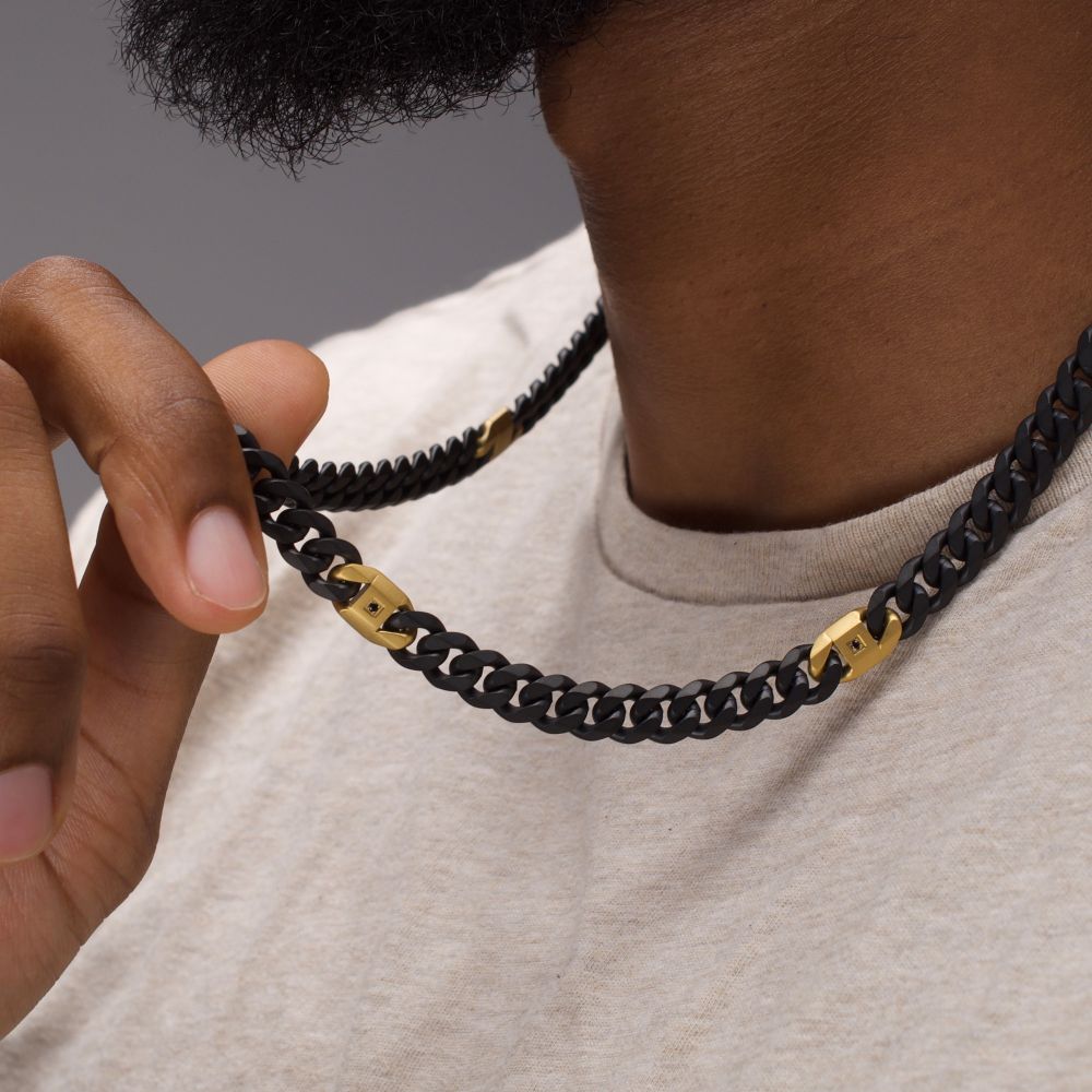 8mm Black IP Steel Matte Finish Miami Cuban Chain Necklace with Genuine Black Sapphire Gem