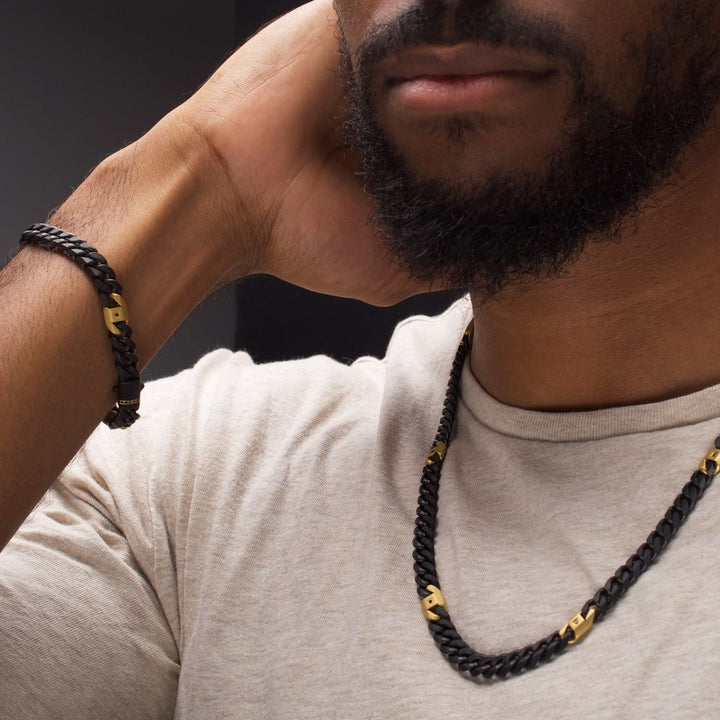 8mm Black IP Steel Matte Finish Miami Cuban Chain Necklace with Genuine Black Sapphire Gem