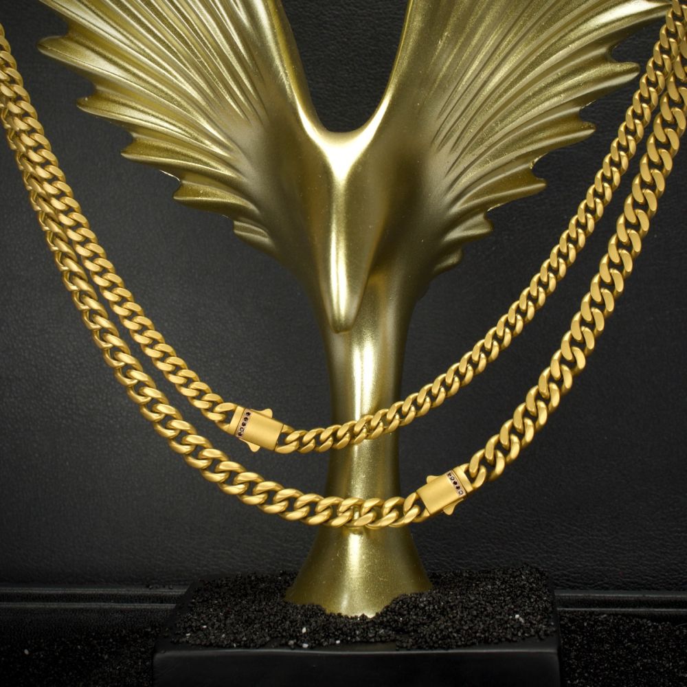 8mm 18Kt Gold IP Steel Matte Finish Miami Cuban Chain Necklace Genuine Black Sapphire