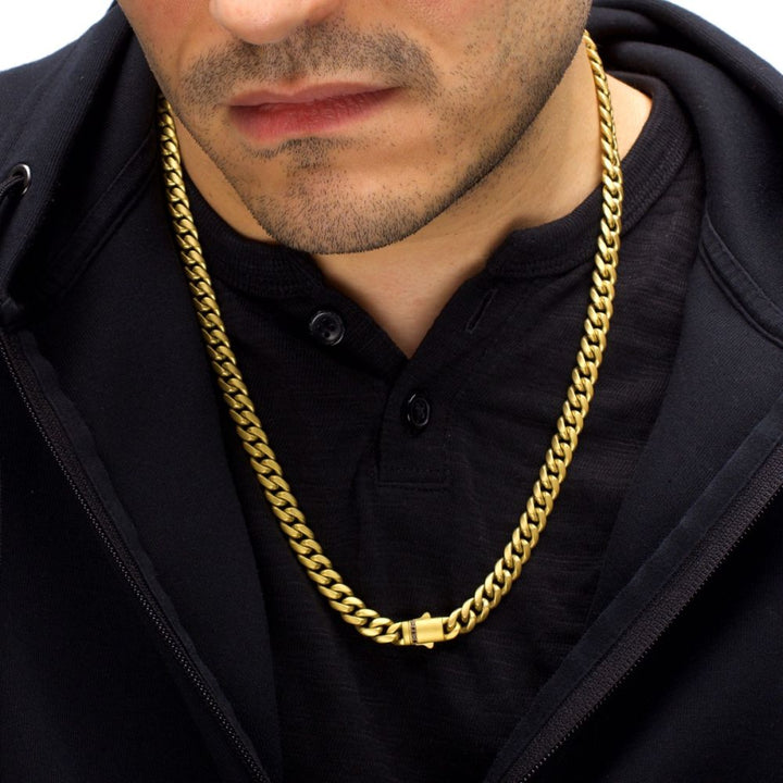 8mm 18Kt Gold IP Steel Matte Finish Miami Cuban Chain Necklace Genuine Black Sapphire